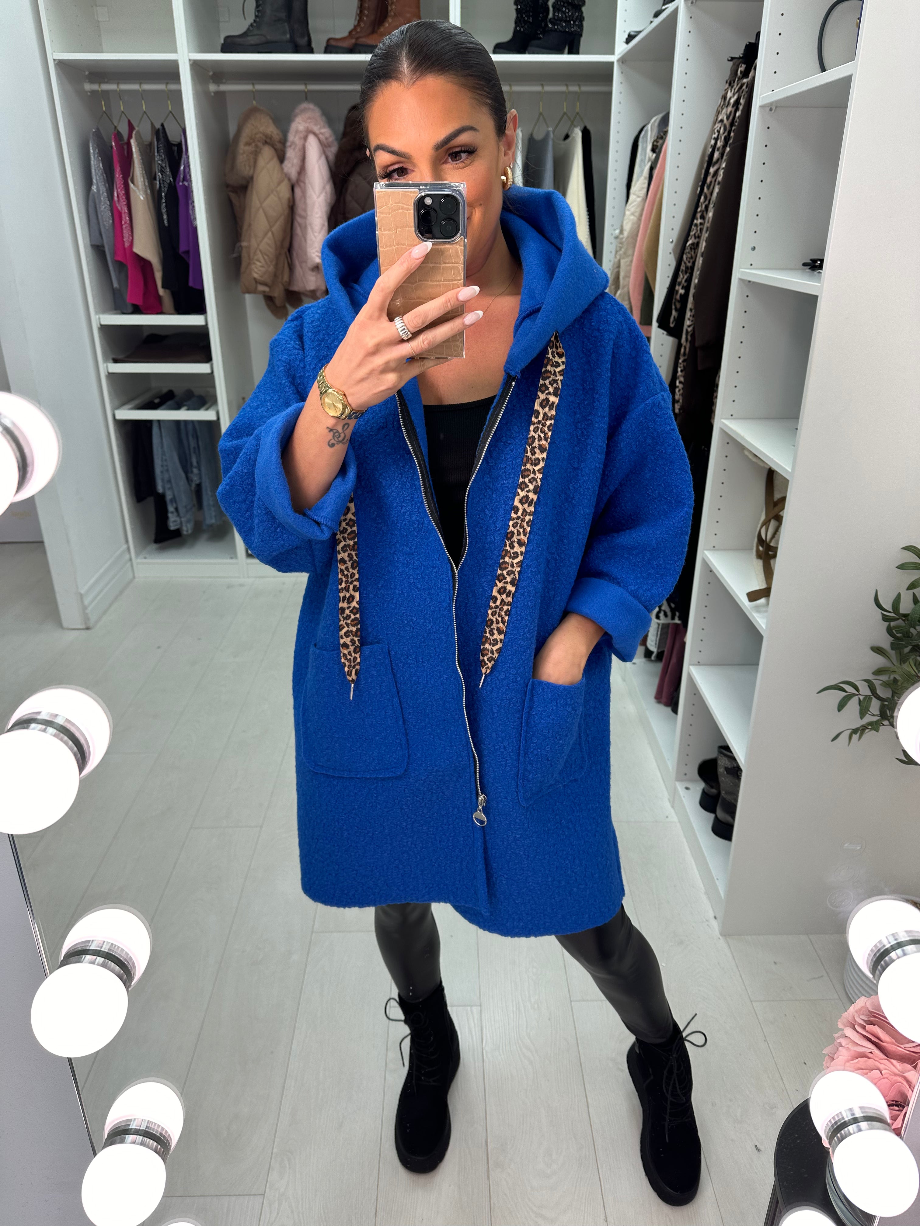 Lindsey Boucle Hooded Leopard Detail Jacket