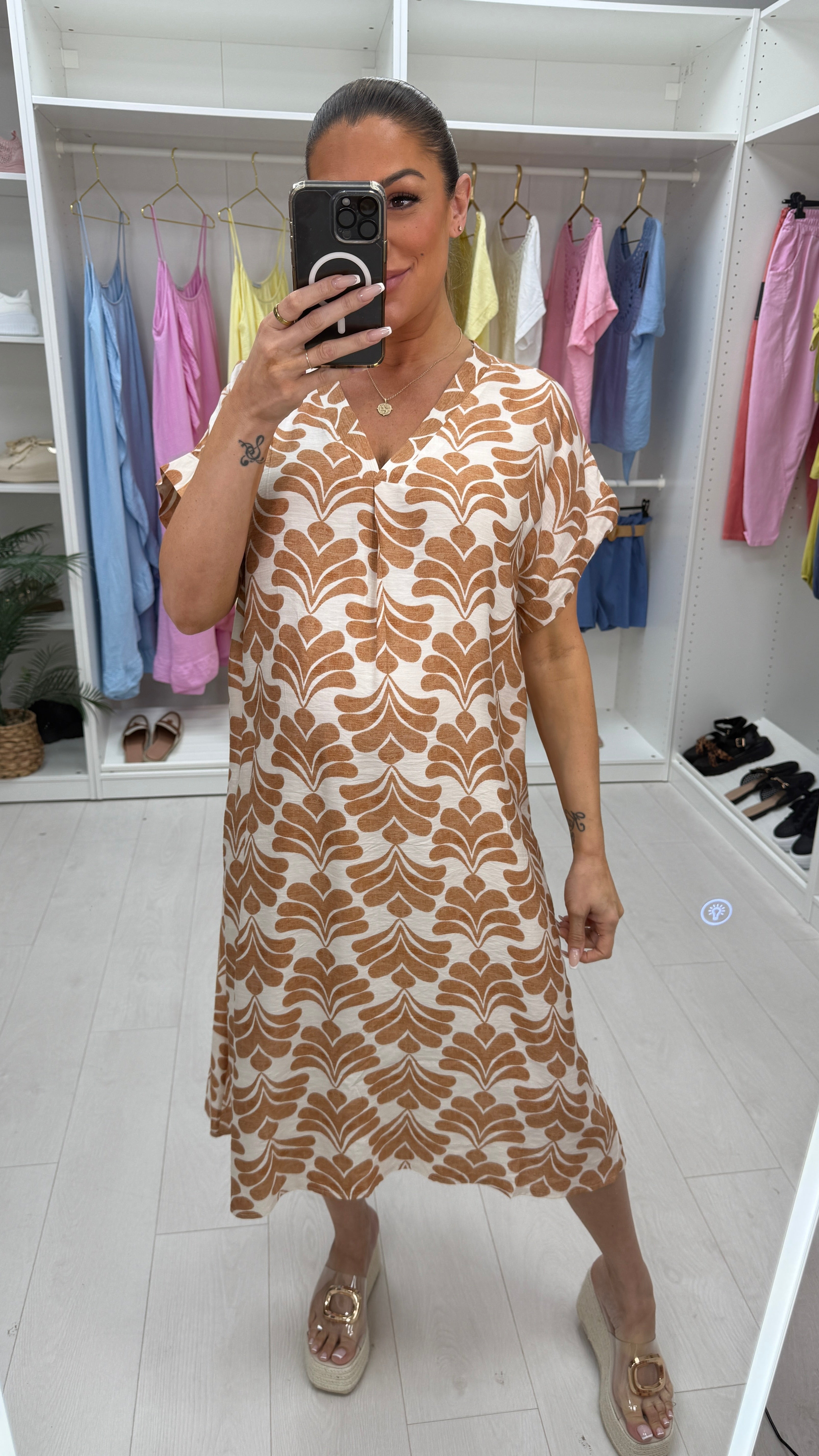 Fenella Mosaic Print Loose Fit V Neck Dress