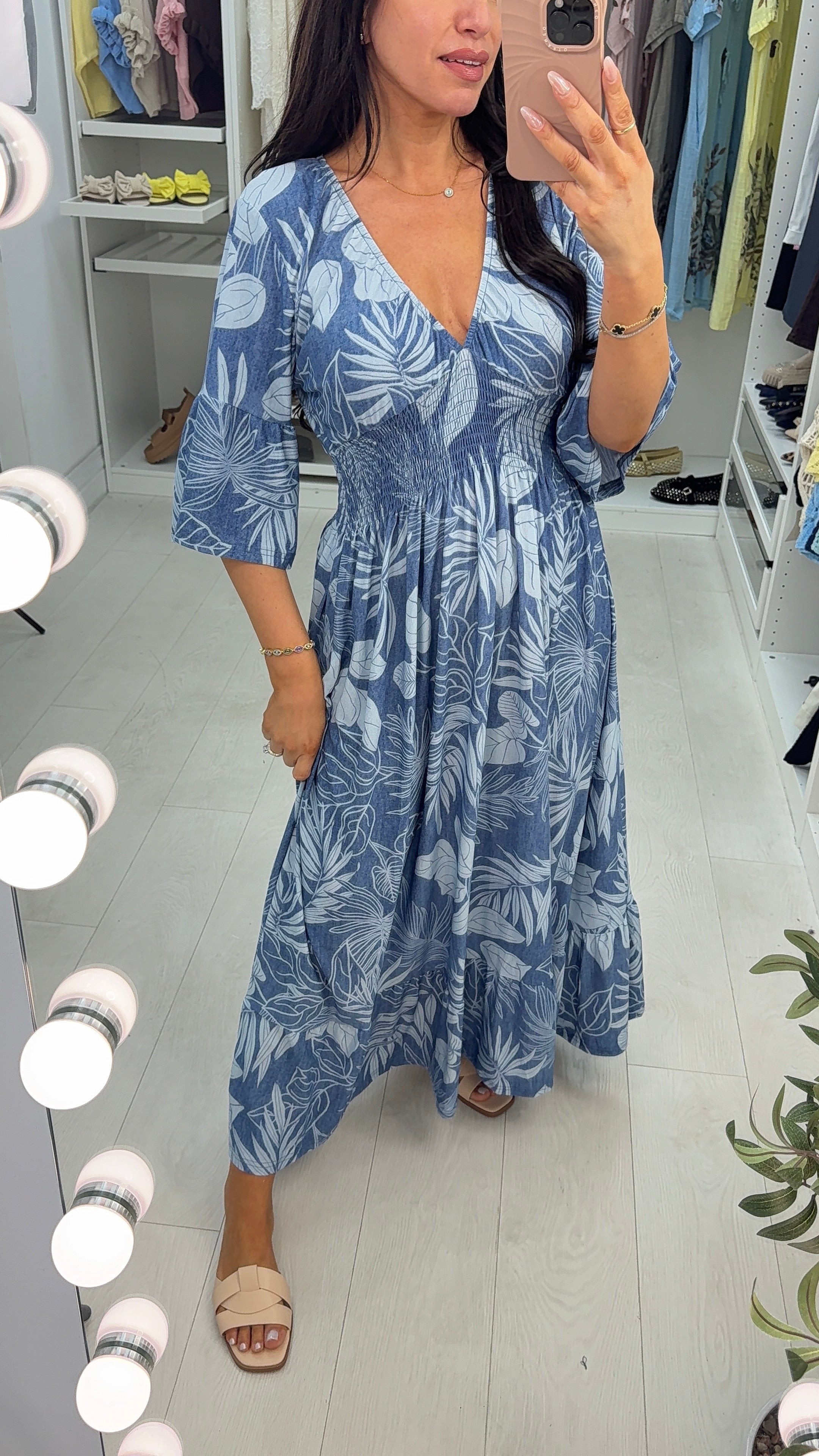 Alexandra Leaf Print Shirred Waist Magic Dress