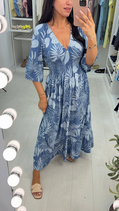 Alexandra Leaf Print Shirred Waist Magic Dress