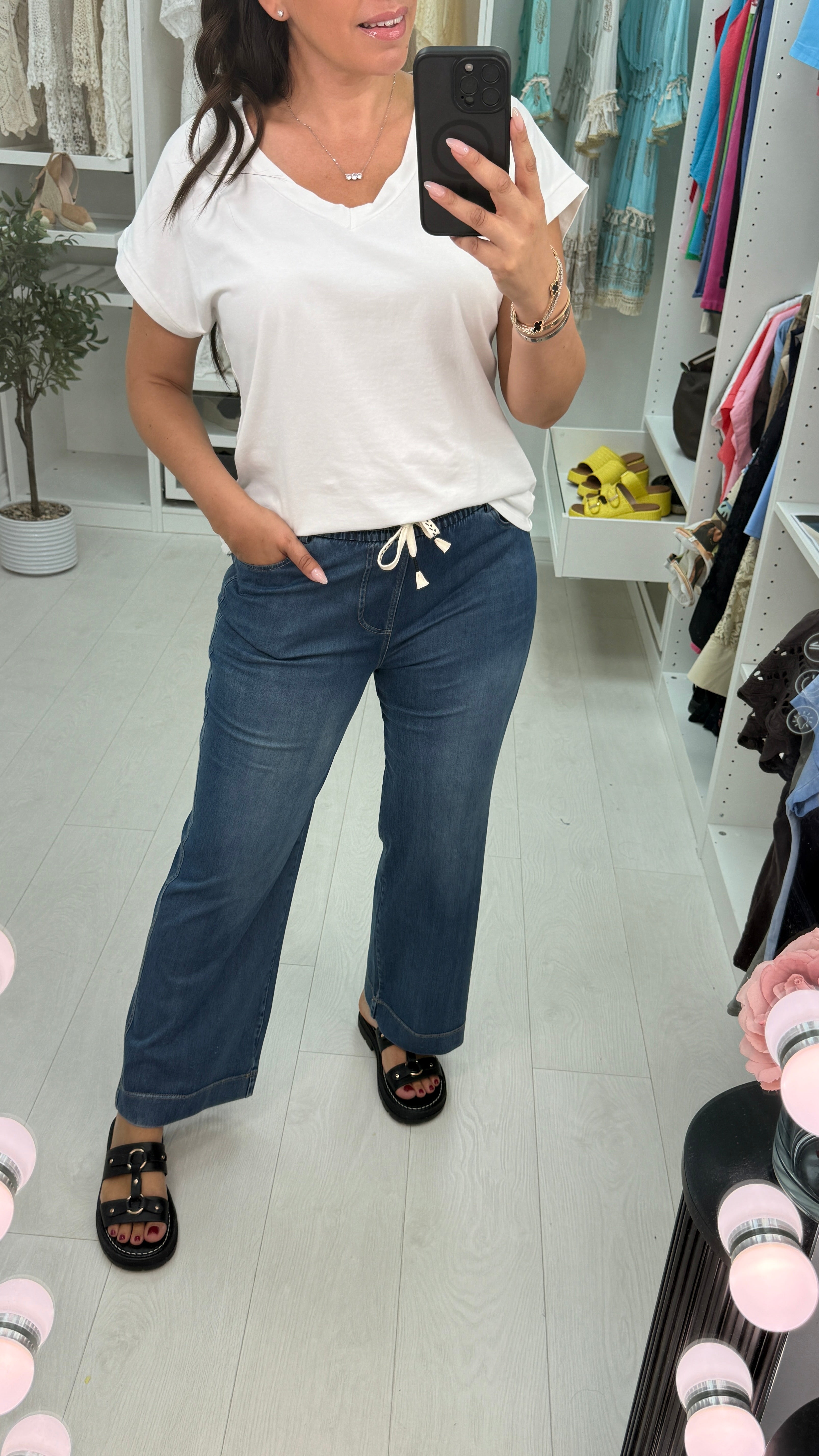 Lexi Denim Elasticated Waist Wide Leg Trousers