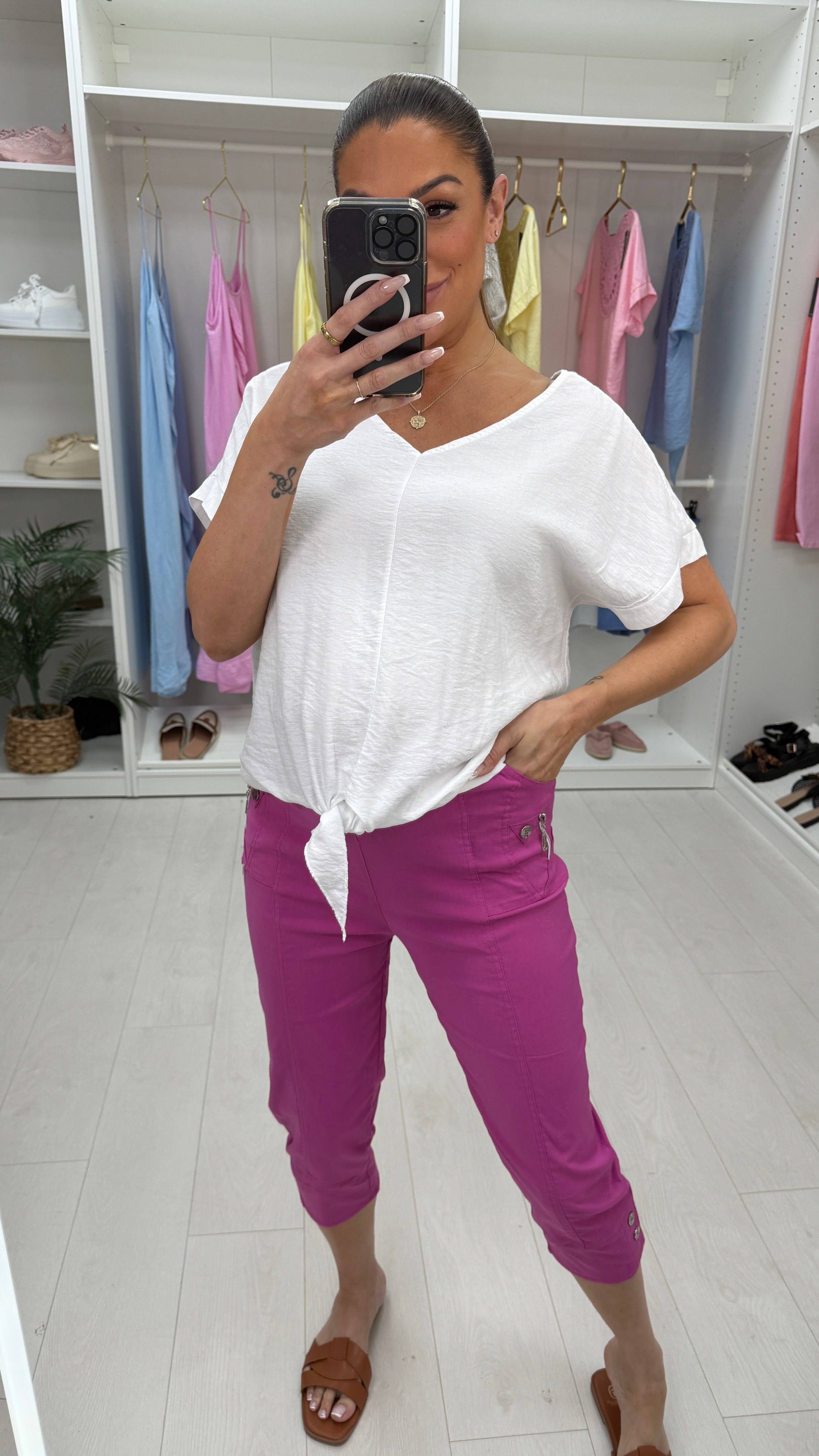 Crissy Plain Button Detail 3/4 Length Magic Trousers