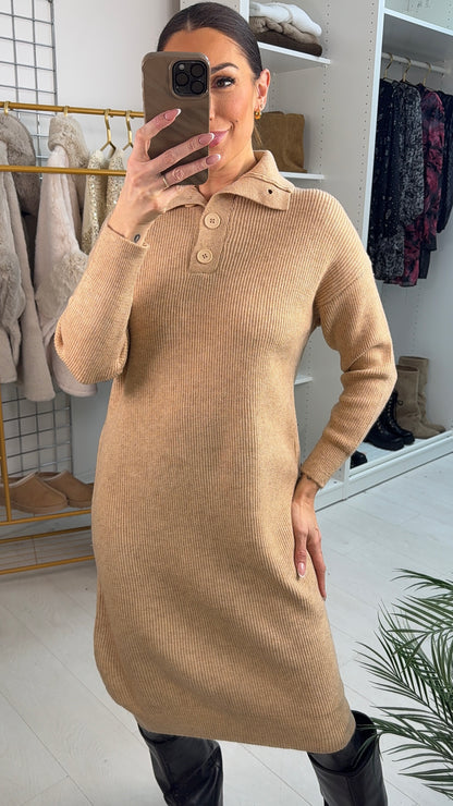 Viola High Neck Button Detail Jumper Dress