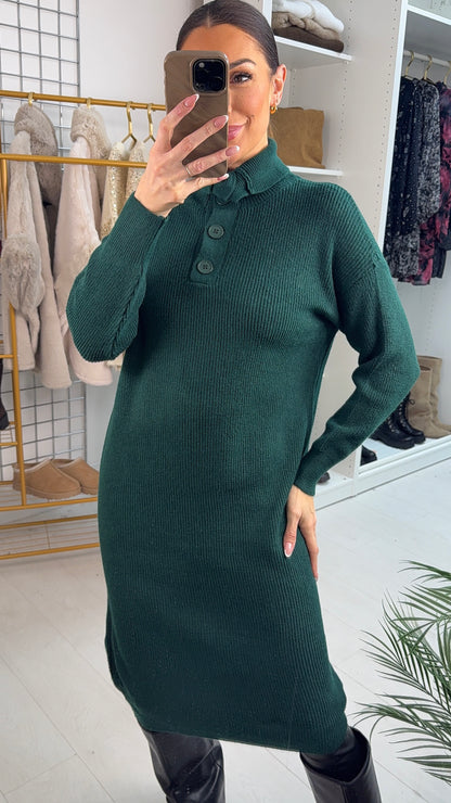 Viola High Neck Button Detail Jumper Dress