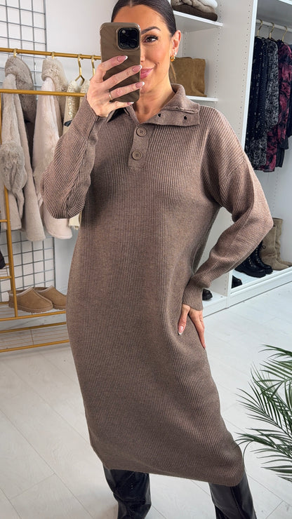 Viola High Neck Button Detail Jumper Dress