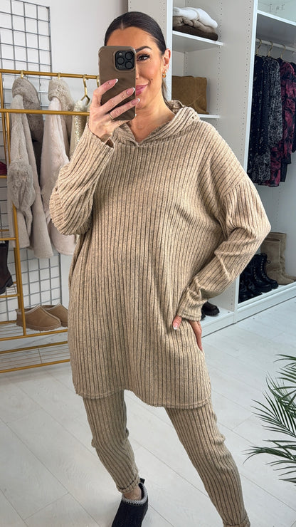 Yasmina Plain Ribbed Hooded Loungewear Set