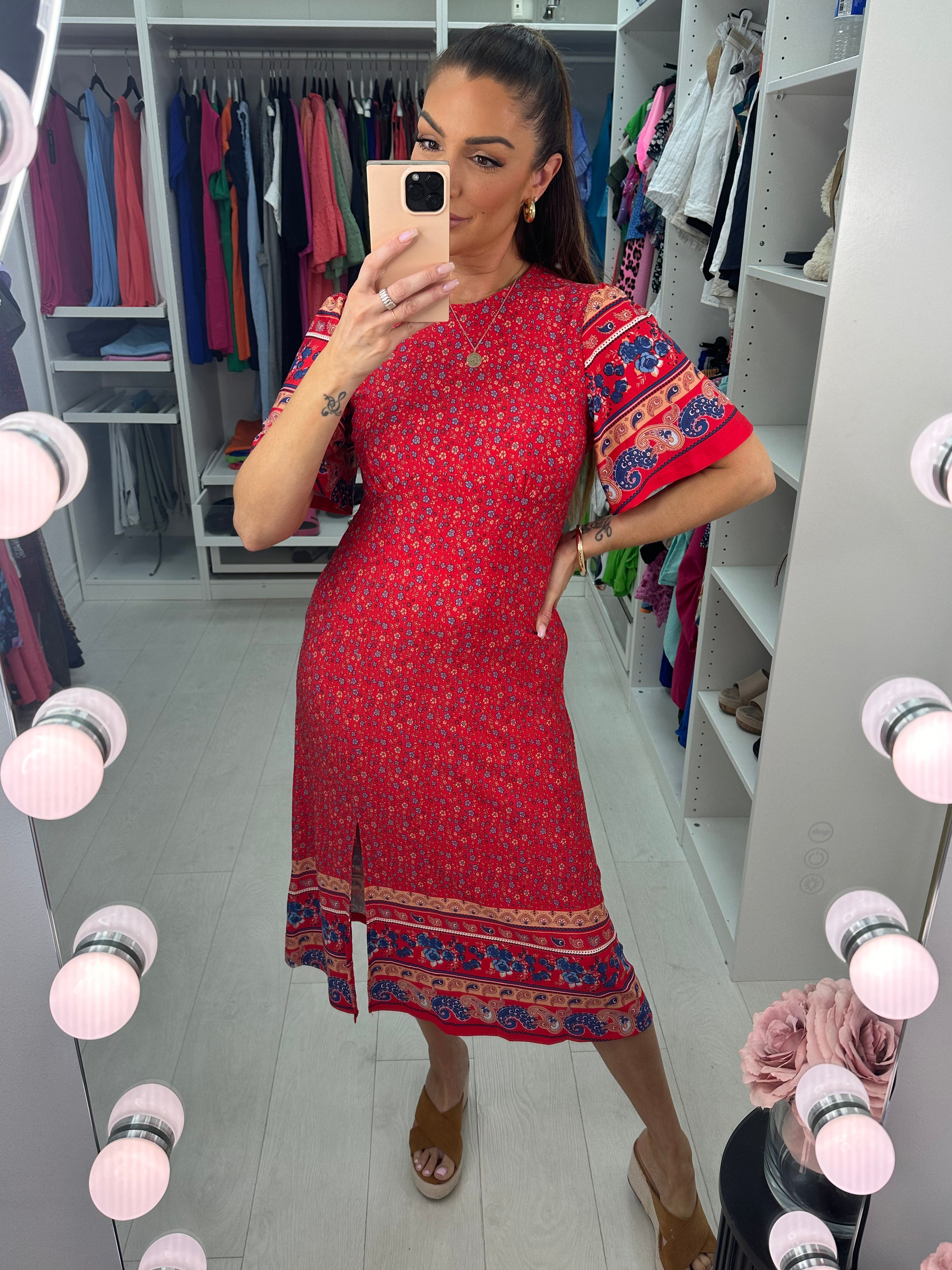 Darcey Red Floral Print Split Midi Dress