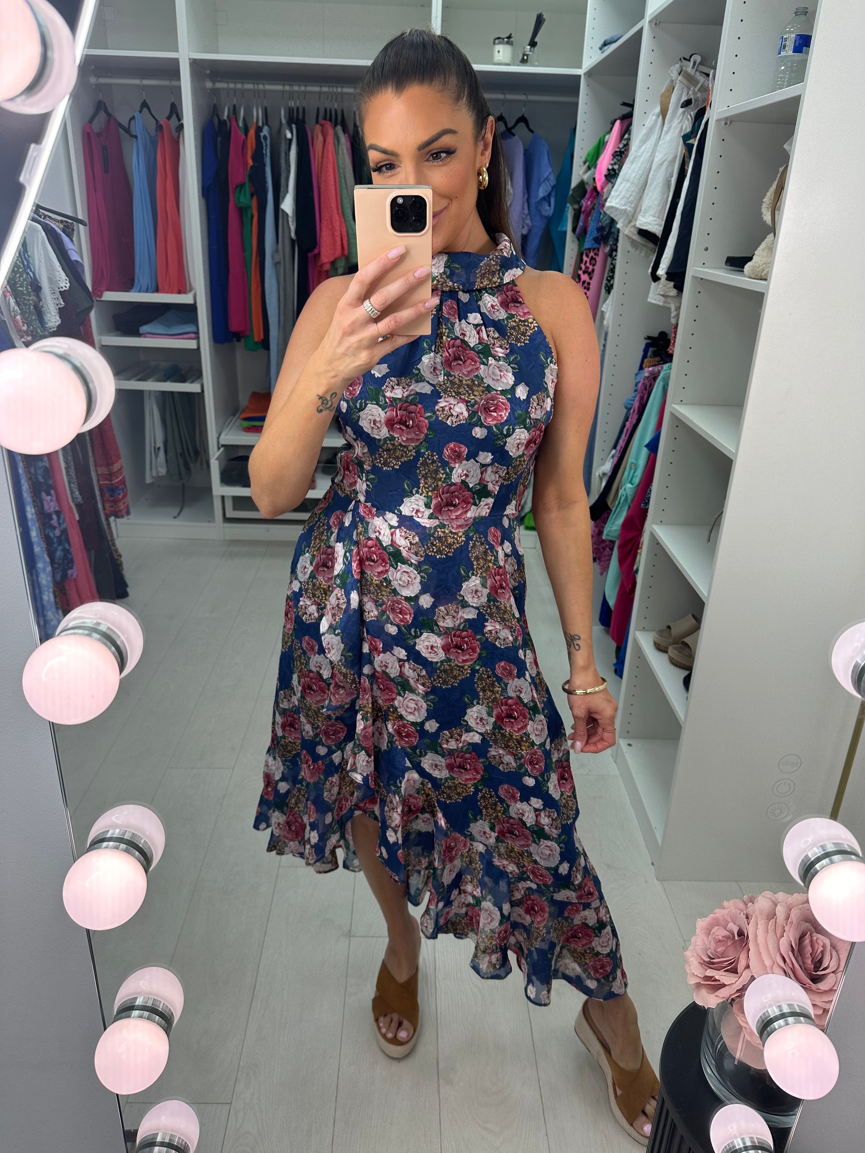 Lorient Floral Print Halter Neck Frill Hem Dress