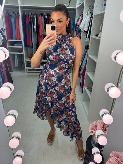 Lorient Floral Print Halter Neck Frill Hem Dress