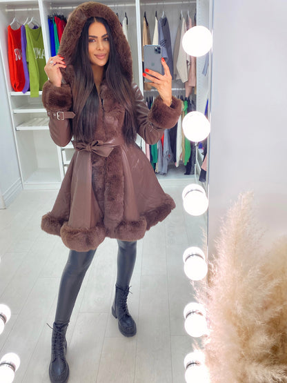 Stephanie Chocolate Faux Fur Trim Faux Leather Coat