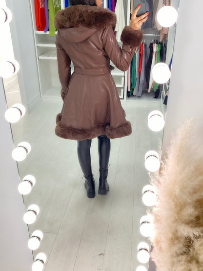 Stephanie Chocolate Faux Fur Trim Faux Leather Coat