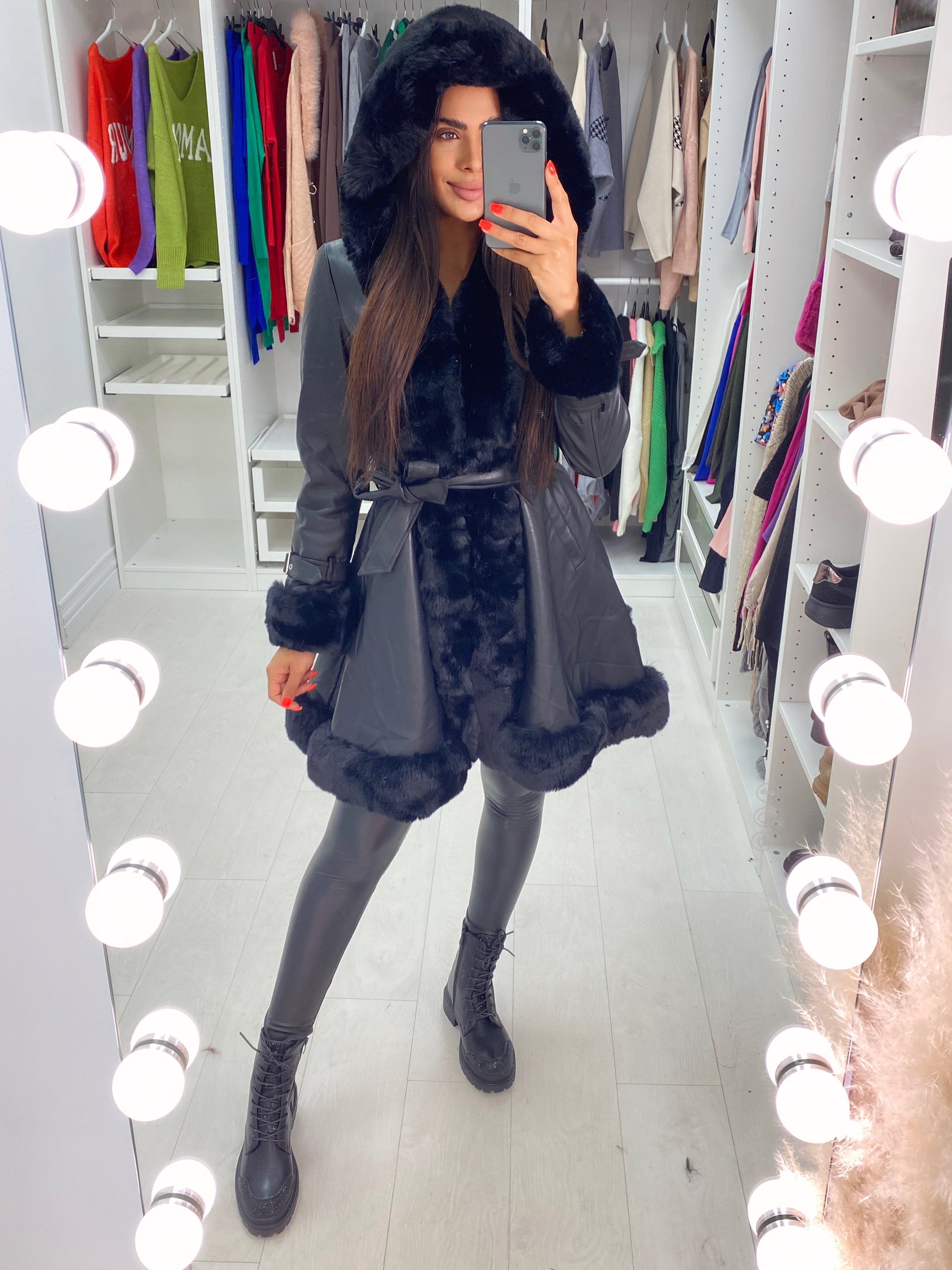 Stephanie Black Faux Fur Trim Faux Leather Coat