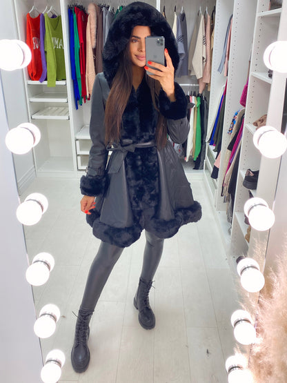 Stephanie Black Faux Fur Trim Faux Leather Coat