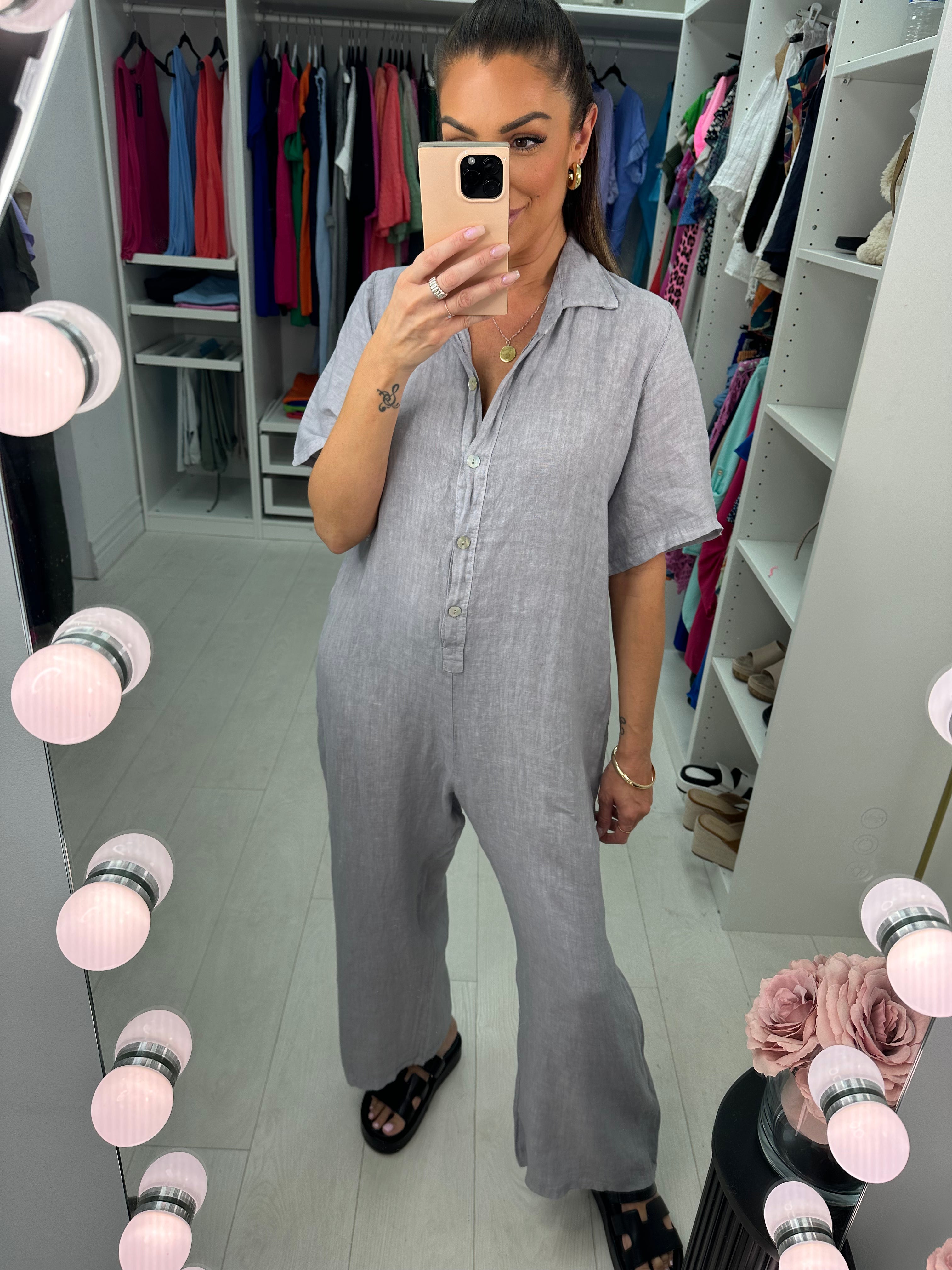 Mae Linen Button Detailed Straight Leg Jumpsuit