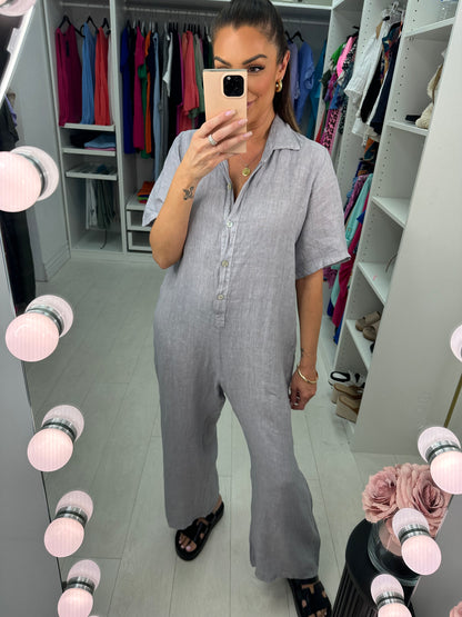 Mae Linen Button Detailed Straight Leg Jumpsuit