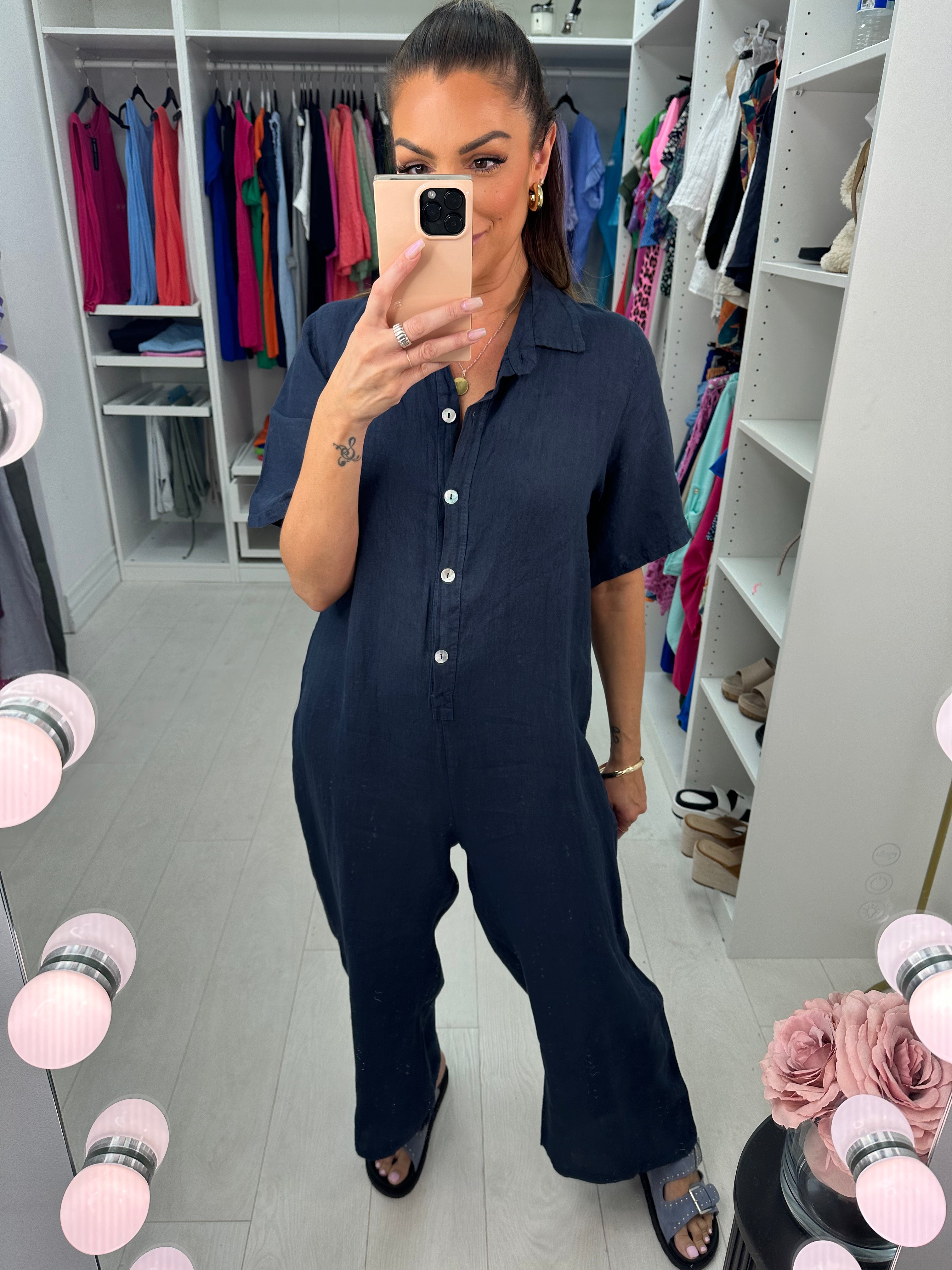 Mae Linen Button Detailed Straight Leg Jumpsuit