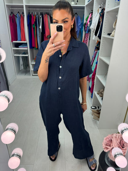 Mae Linen Button Detailed Straight Leg Jumpsuit