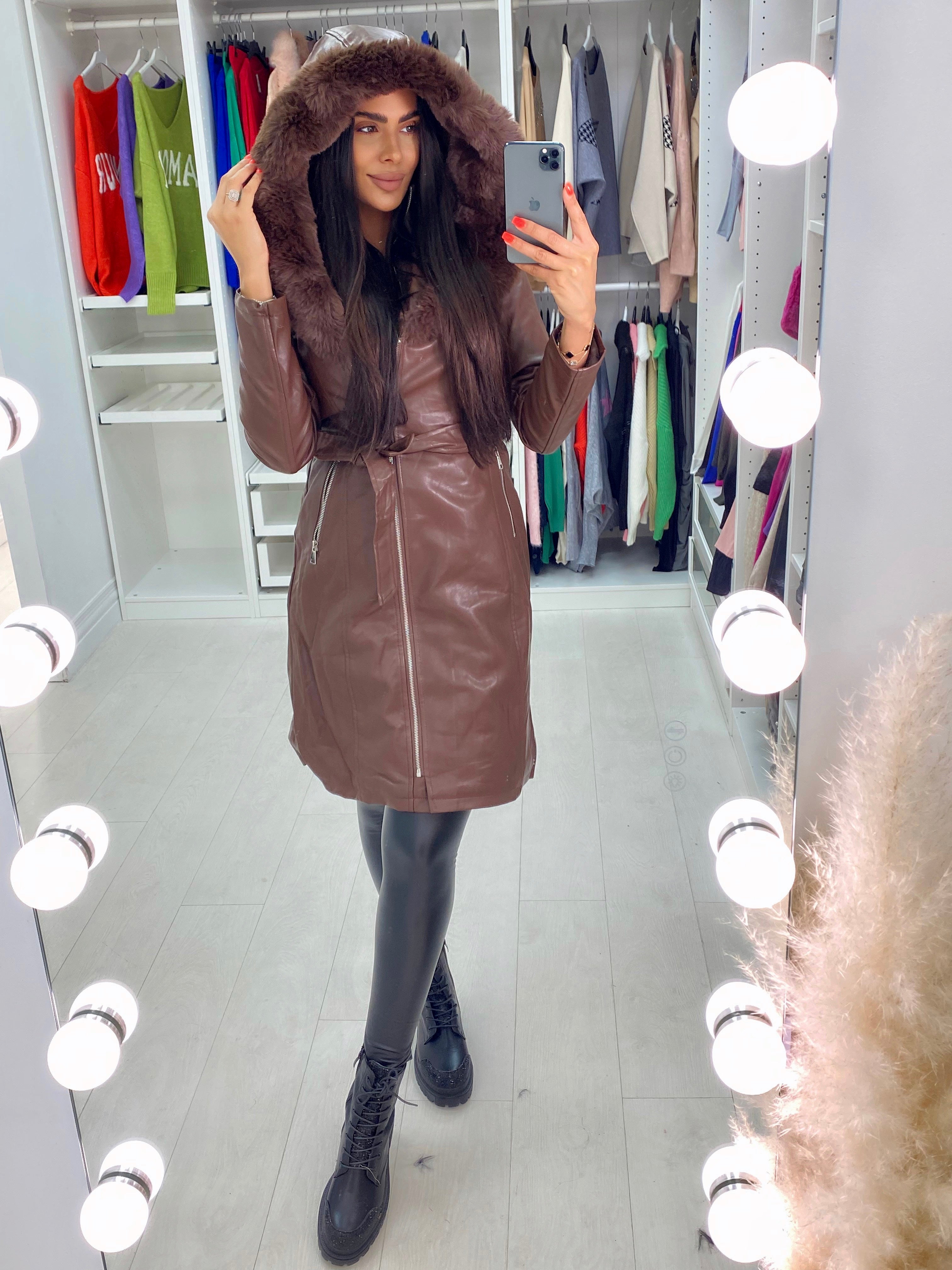 Denis Chocolate Faux Fur Hooded Belted Coat