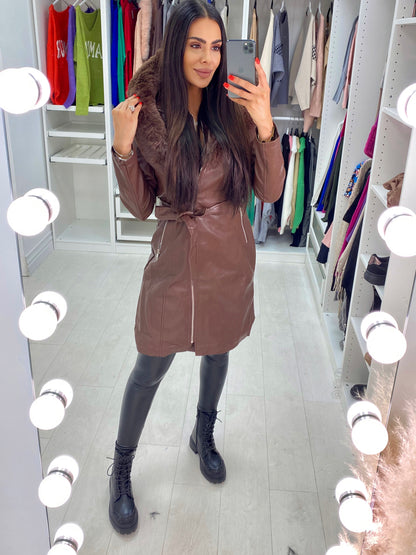 Denis Chocolate Faux Fur Hooded Belted Coat