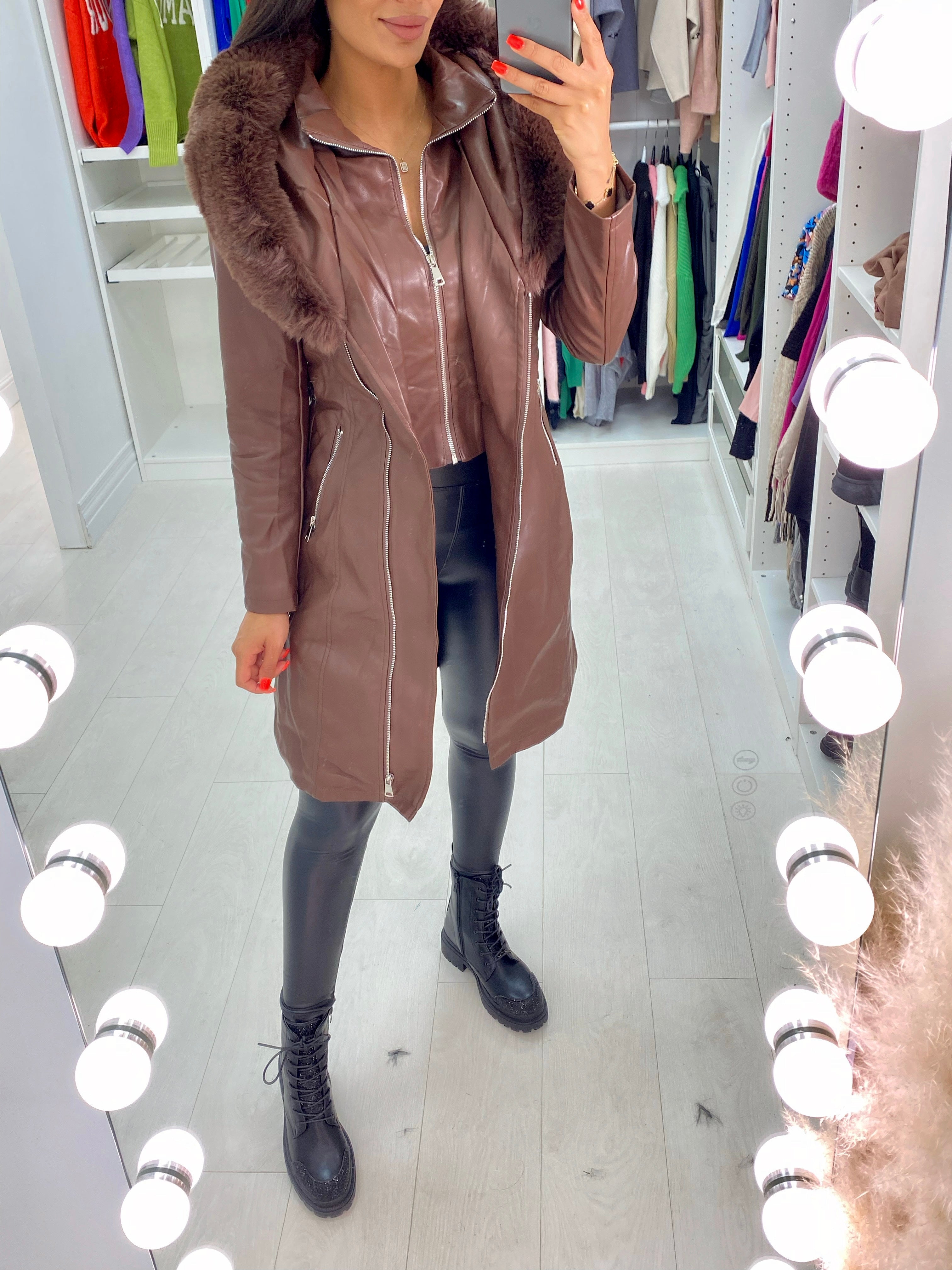 Denis Chocolate Faux Fur Hooded Belted Coat