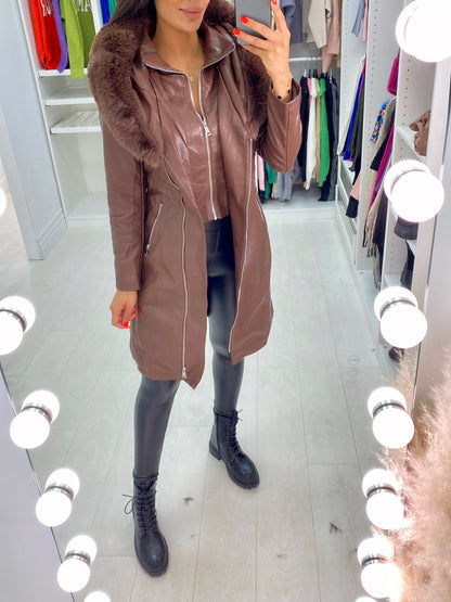 Denis Chocolate Faux Fur Hooded Belted Coat