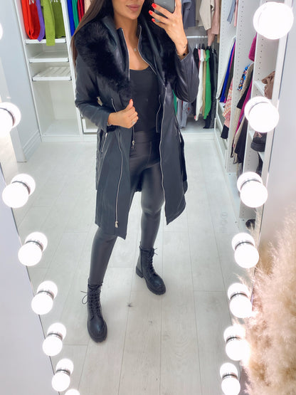 Denis Black Faux Fur Hooded Belted Coat