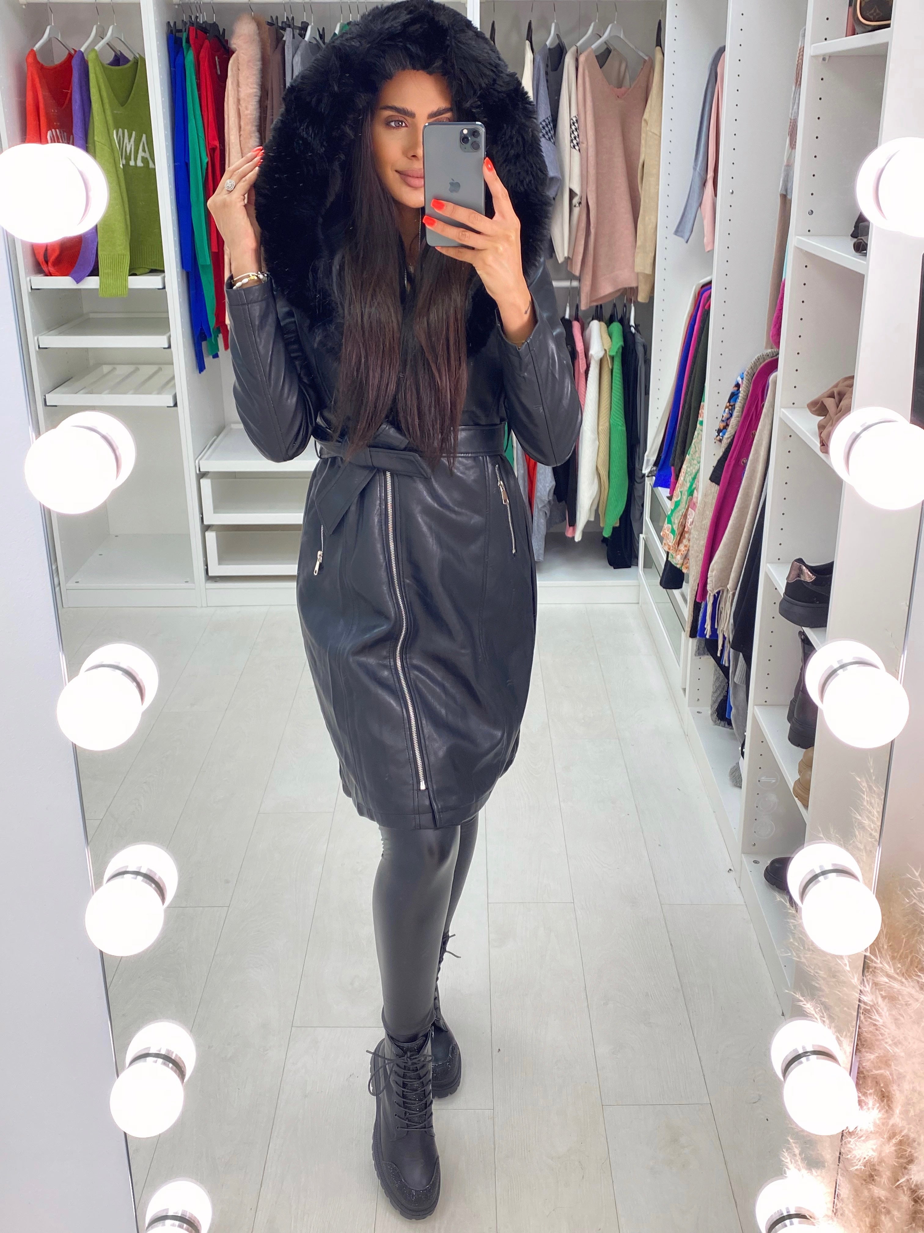 Denis Black Faux Fur Hooded Belted Coat