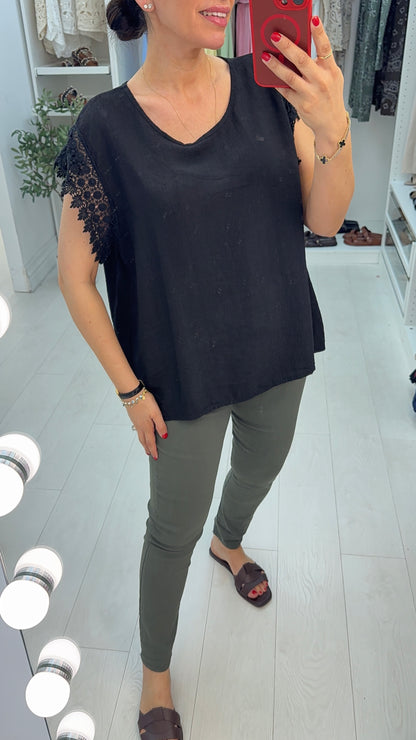 Isabela Plain Crochet Sleeve Detailed T-Shirt