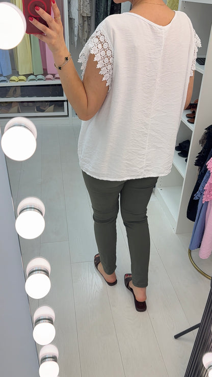Isabela Plain Crochet Sleeve Detailed T-Shirt