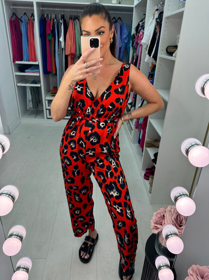 Linnea Red Animal Print Wrap Front Wide Leg Jumpsuit