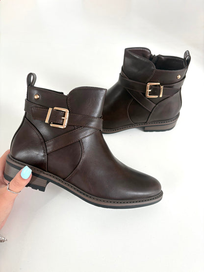 Lucelle Buckle Detail Faux Leather Ankle Boots