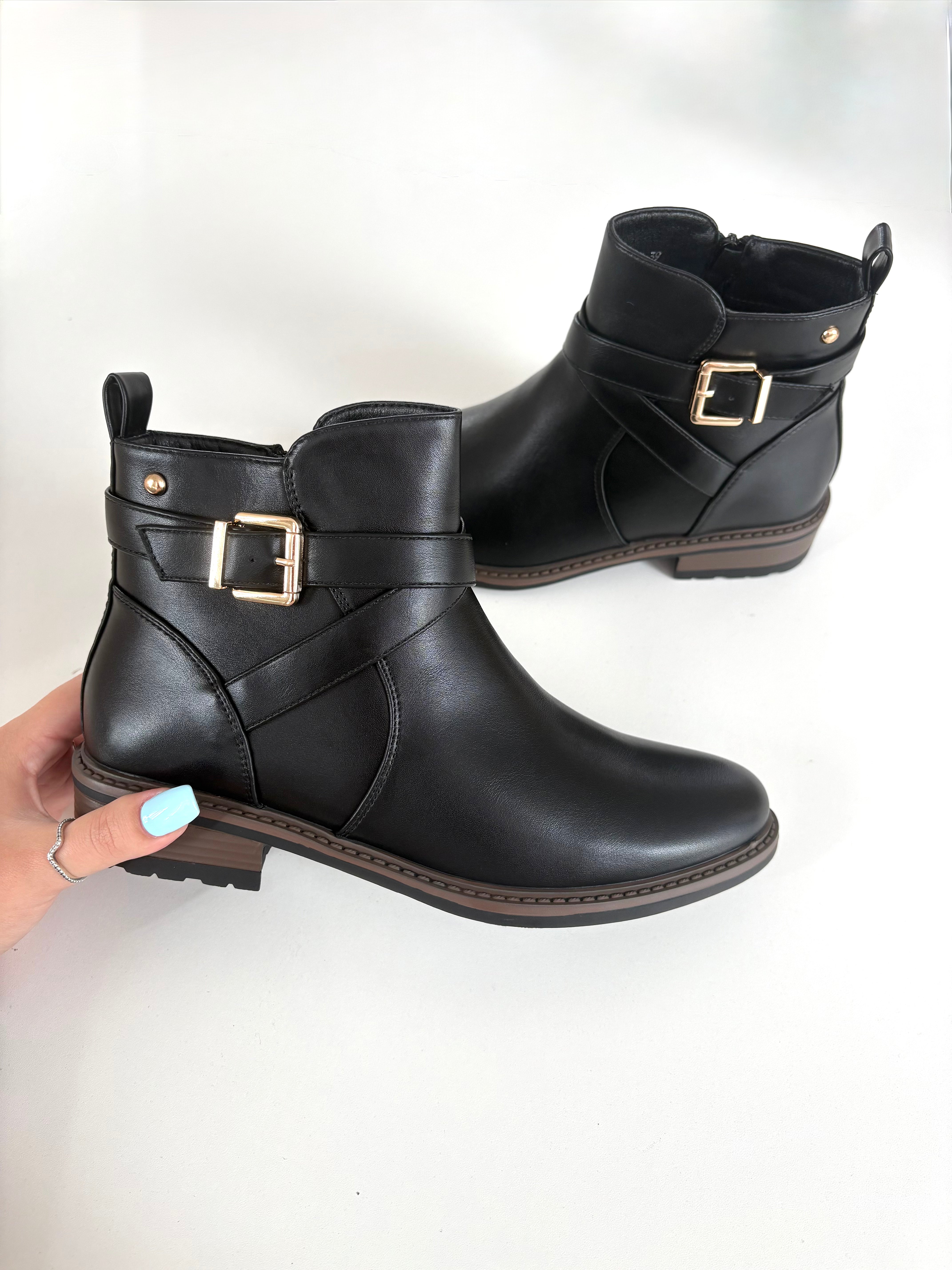 Lucelle Buckle Detail Faux Leather Ankle Boots