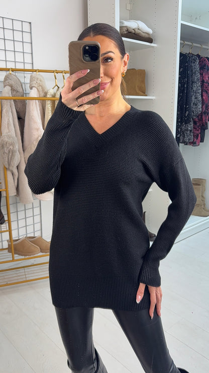 Michela Ribbed Plain V Neck Knit Jumper