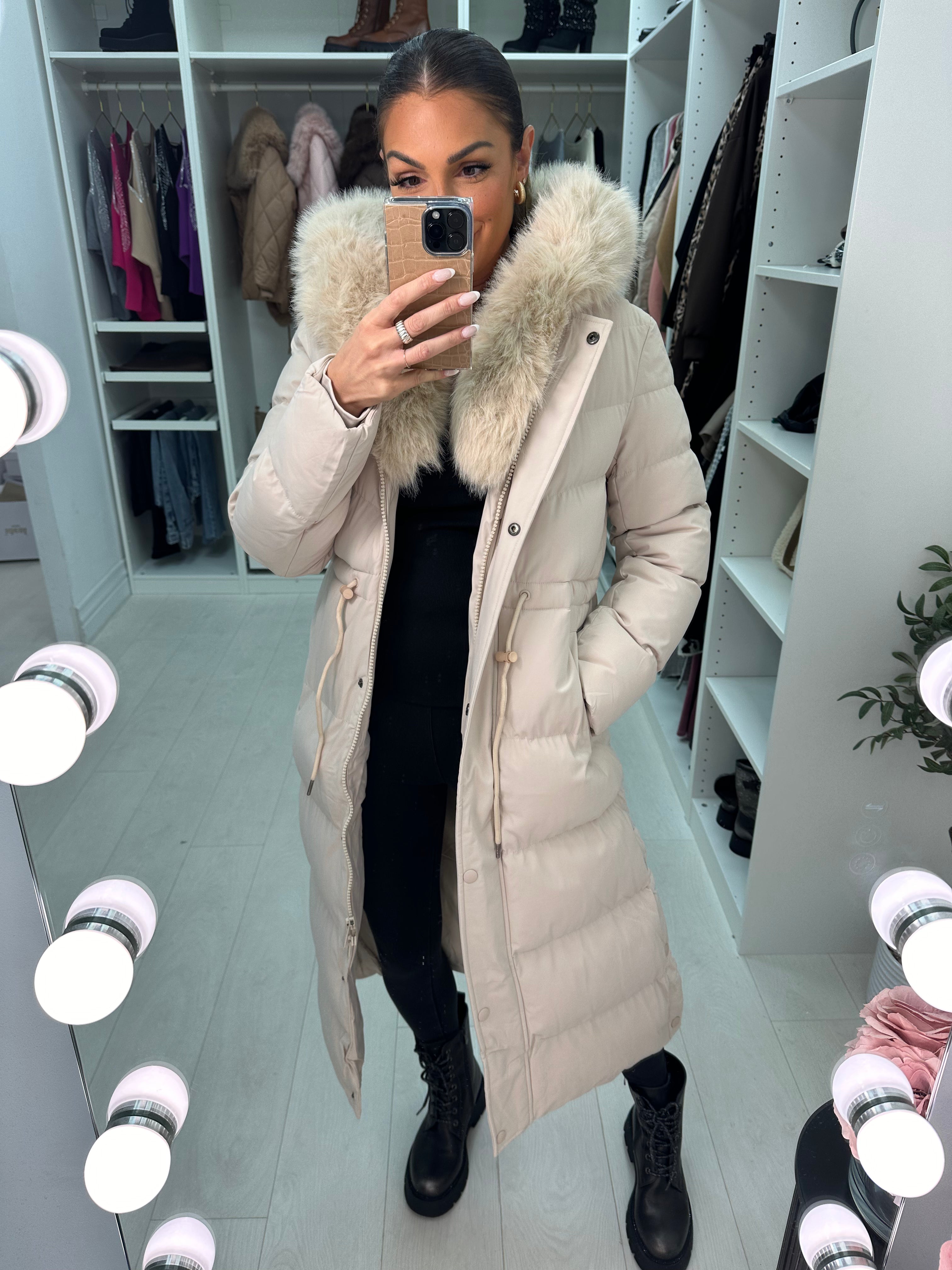 Alberta Beige Padded Faux Fur Hooded Coat