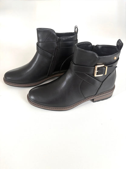 Lucelle Buckle Detail Faux Leather Ankle Boots