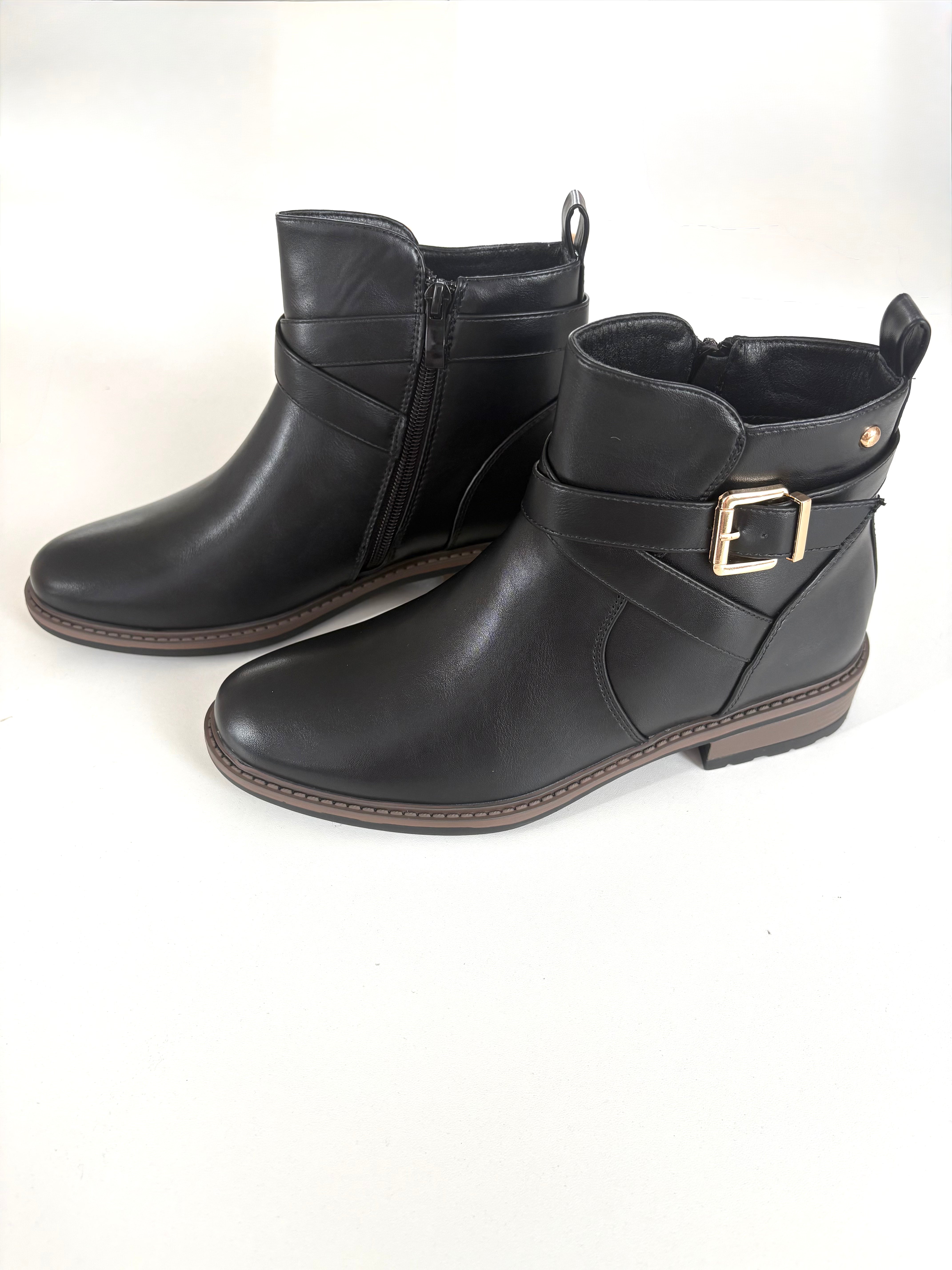 Lucelle Buckle Detail Faux Leather Ankle Boots