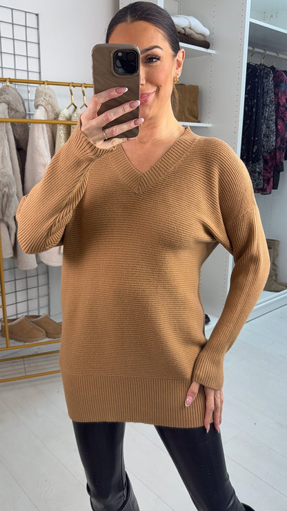 Michela Ribbed Plain V Neck Knit Jumper