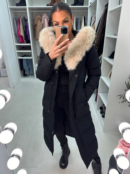 Alberta Black/Beige Padded Faux Fur Hooded Coat