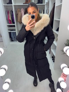 Alberta Black/Beige Padded Faux Fur Hooded Coat