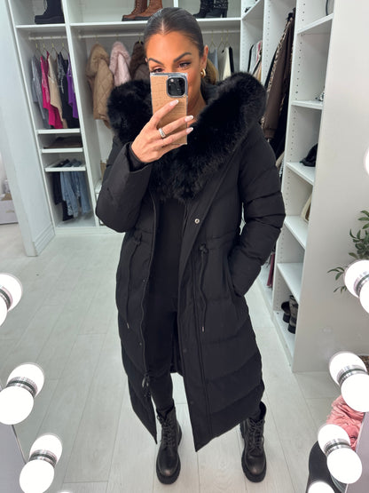 Alberta Black Padded Faux Fur Hooded Coat