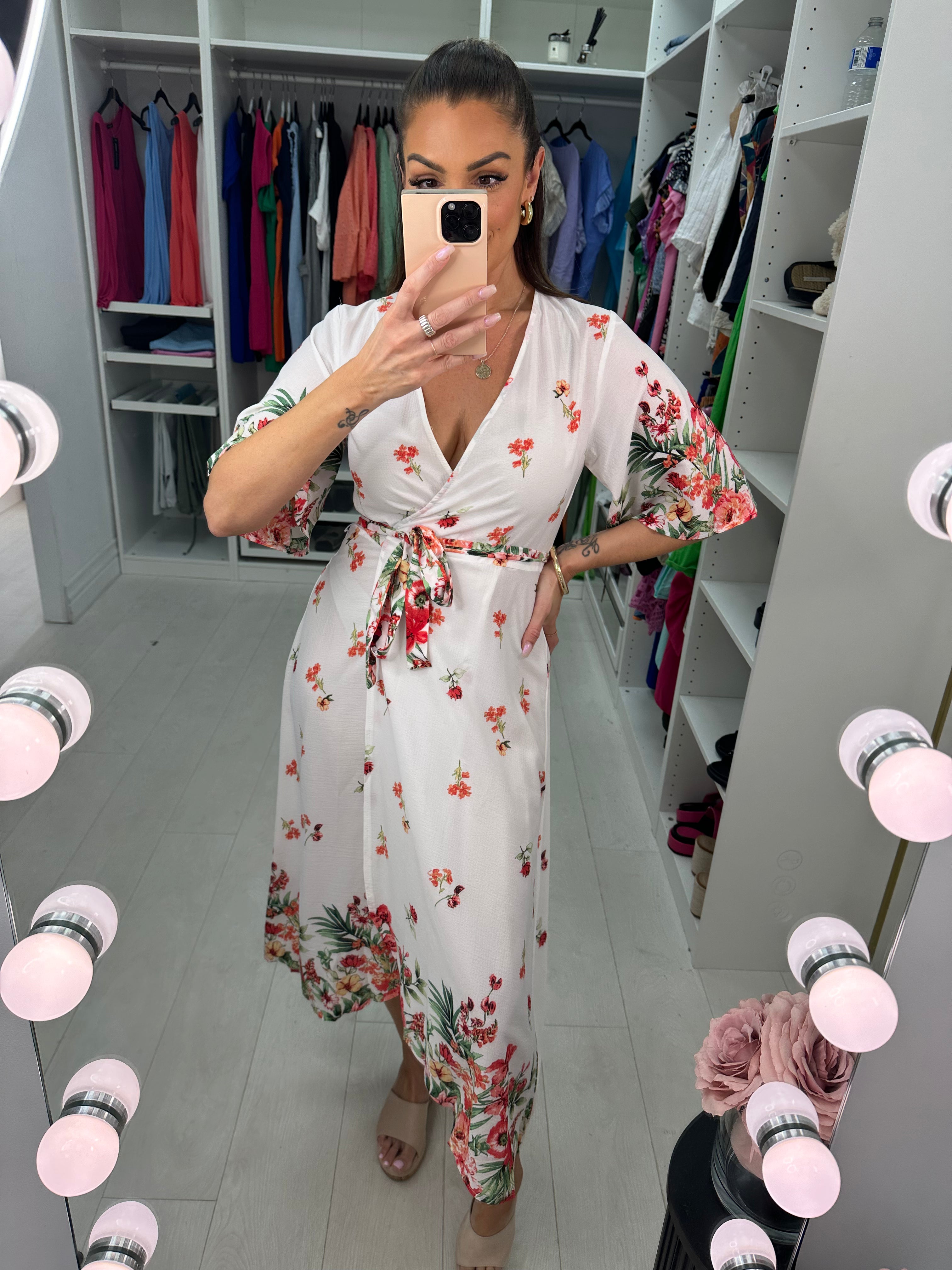 Lynn White Floral Dipped Hem Wrap Summer Dress