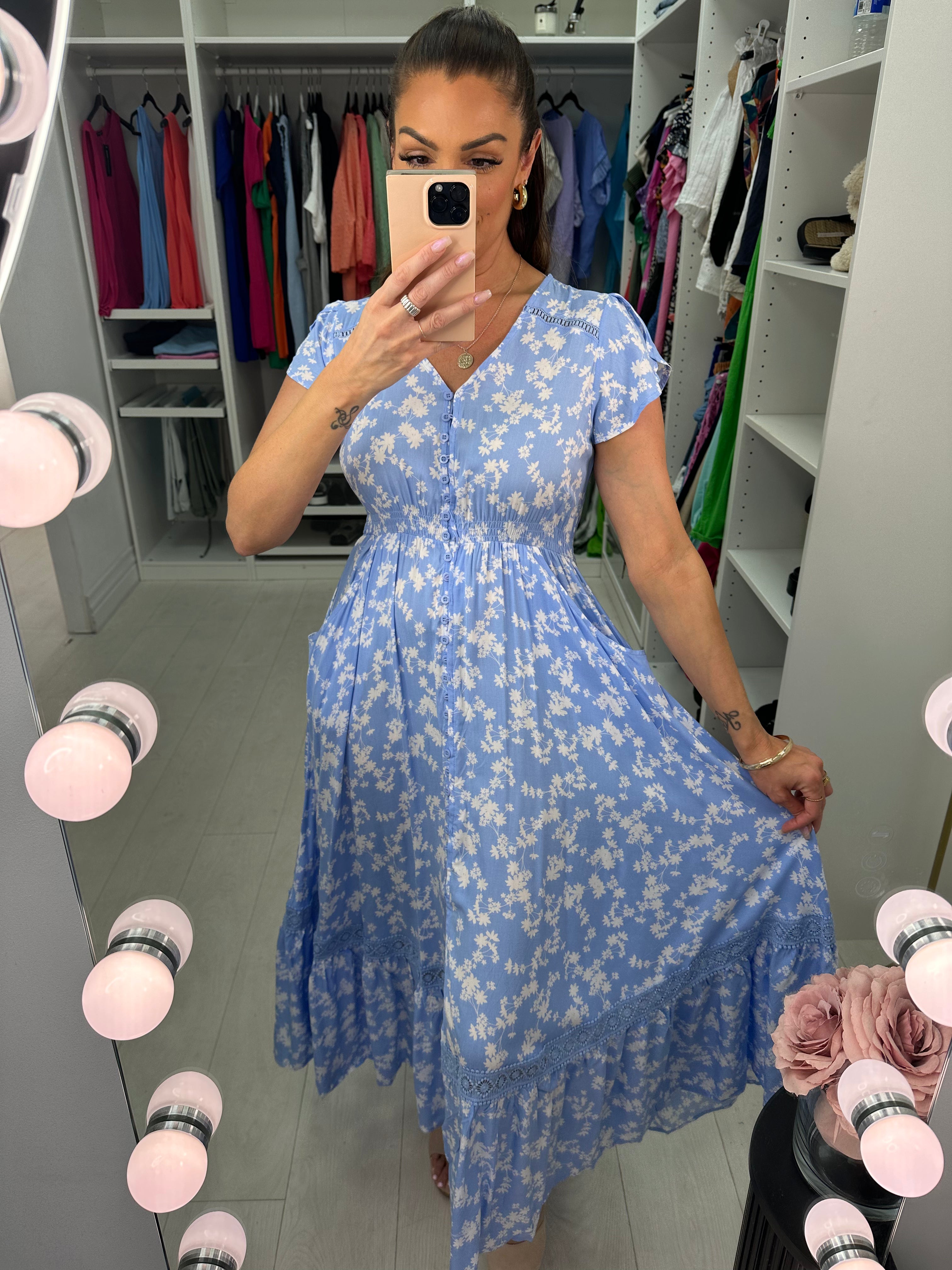 Darya Flower Print Ruffle Hem Maxi Dress