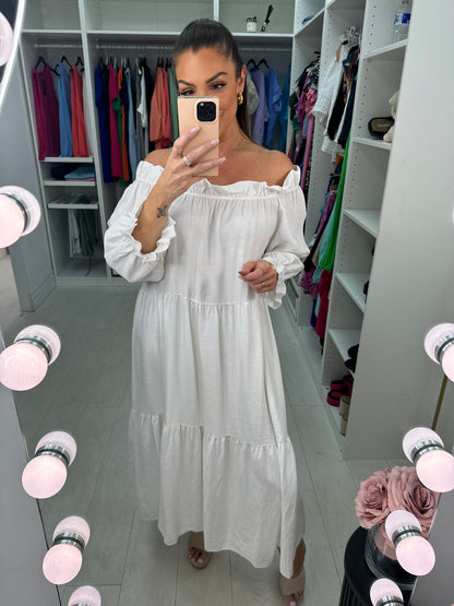 Jenson Elasticated Bardot Tiered Hem Maxi Dress