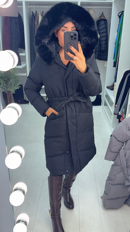 River Faux Fur Hooded Belted Longline Coat