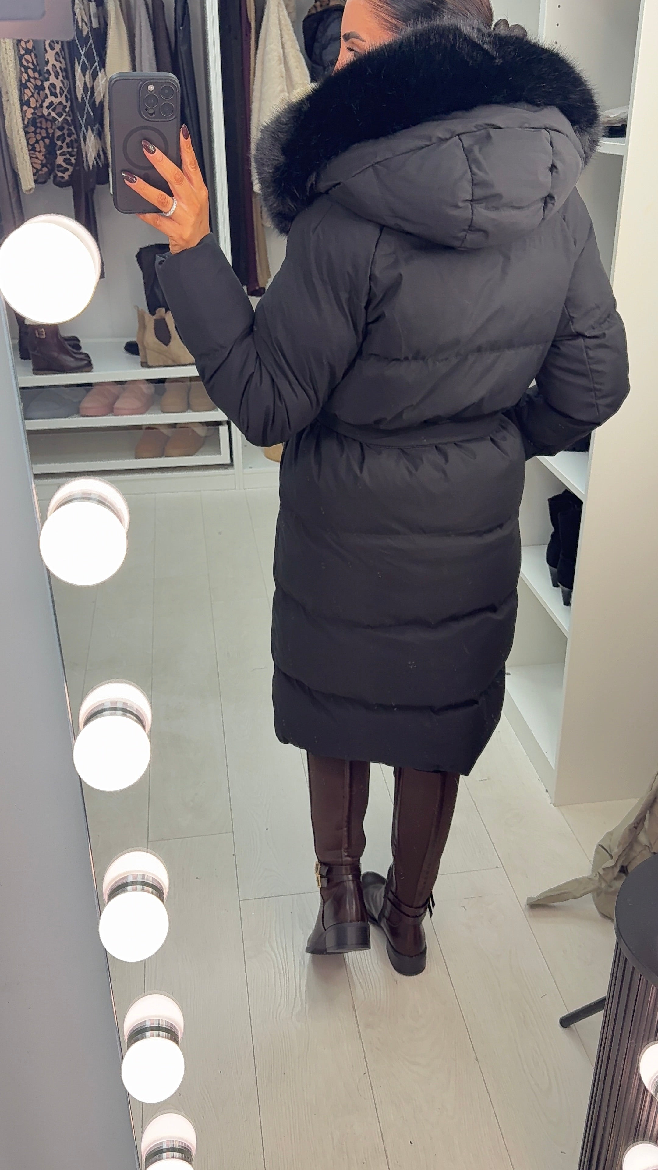 River Faux Fur Hooded Belted Longline Coat