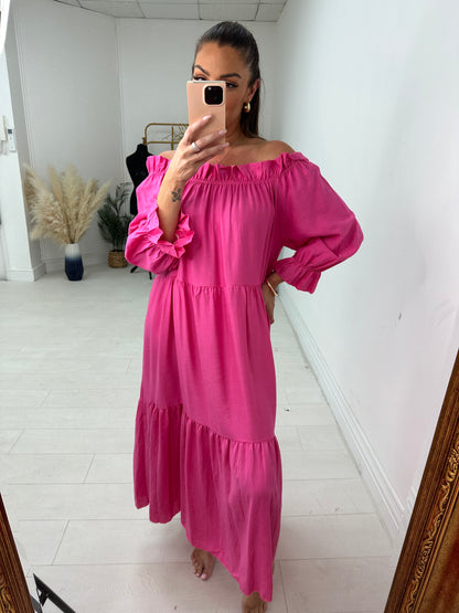 Jenson Elasticated Bardot Tiered Hem Maxi Dress