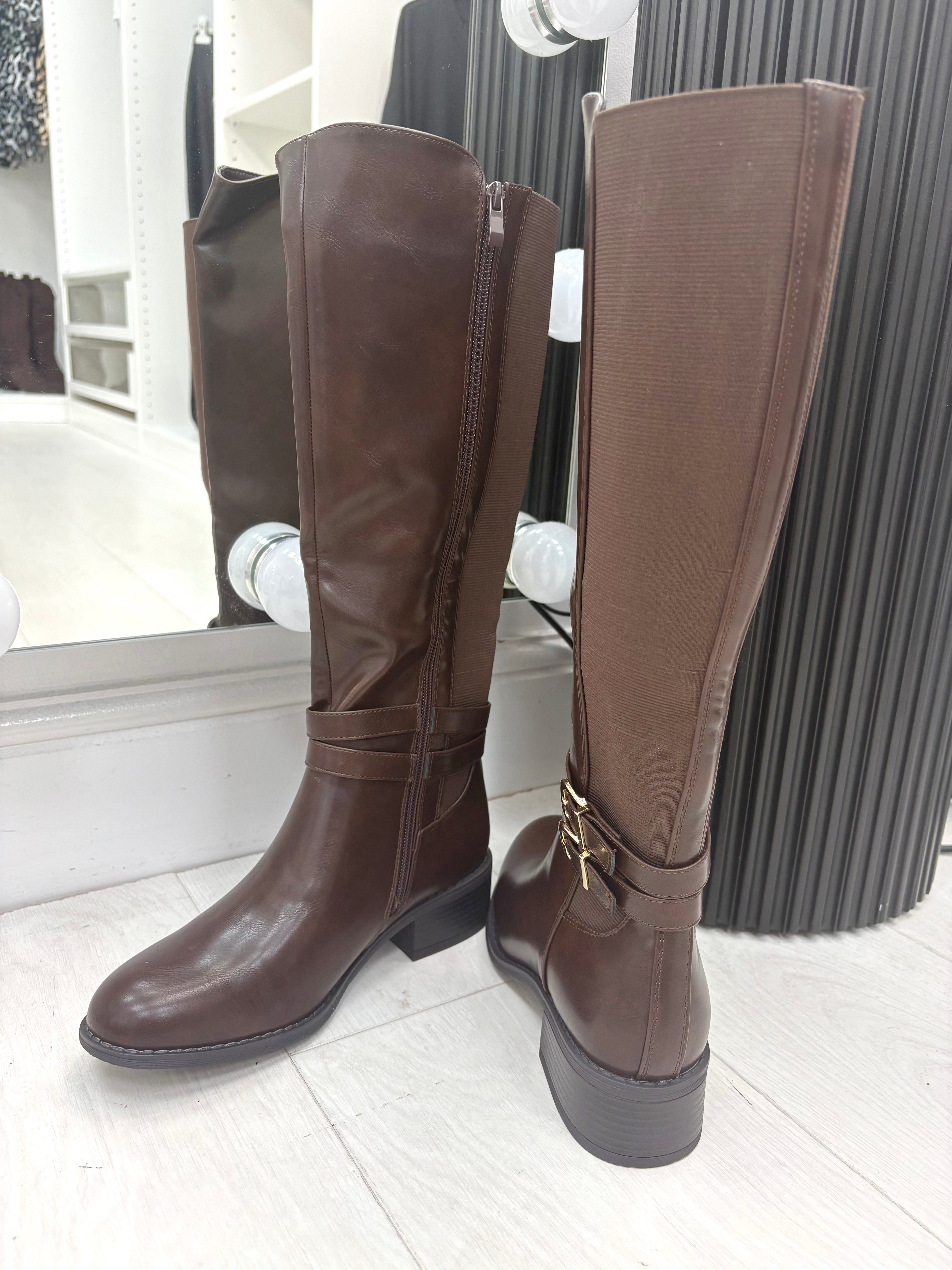 Luissa Faux Leather Buckle Detail Knee High Boots