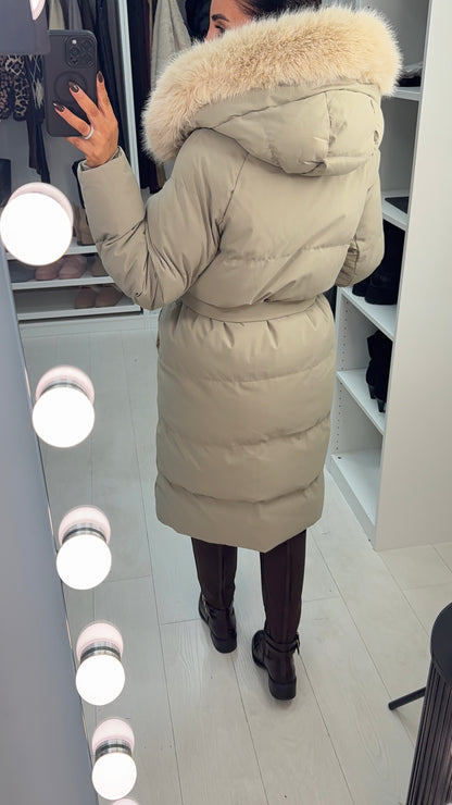River Faux Fur Hooded Belted Longline Coat