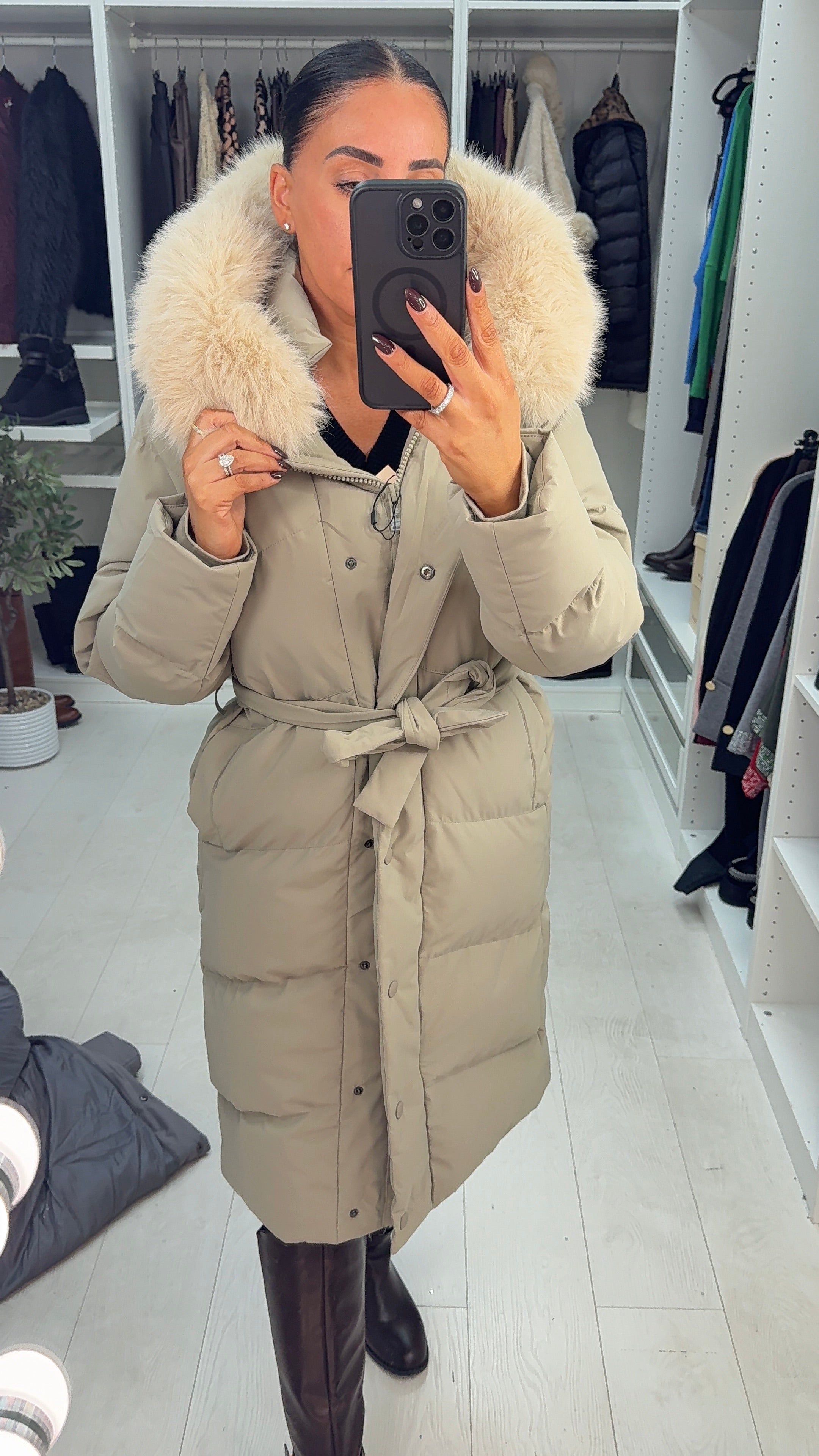 River Faux Fur Hooded Belted Longline Coat