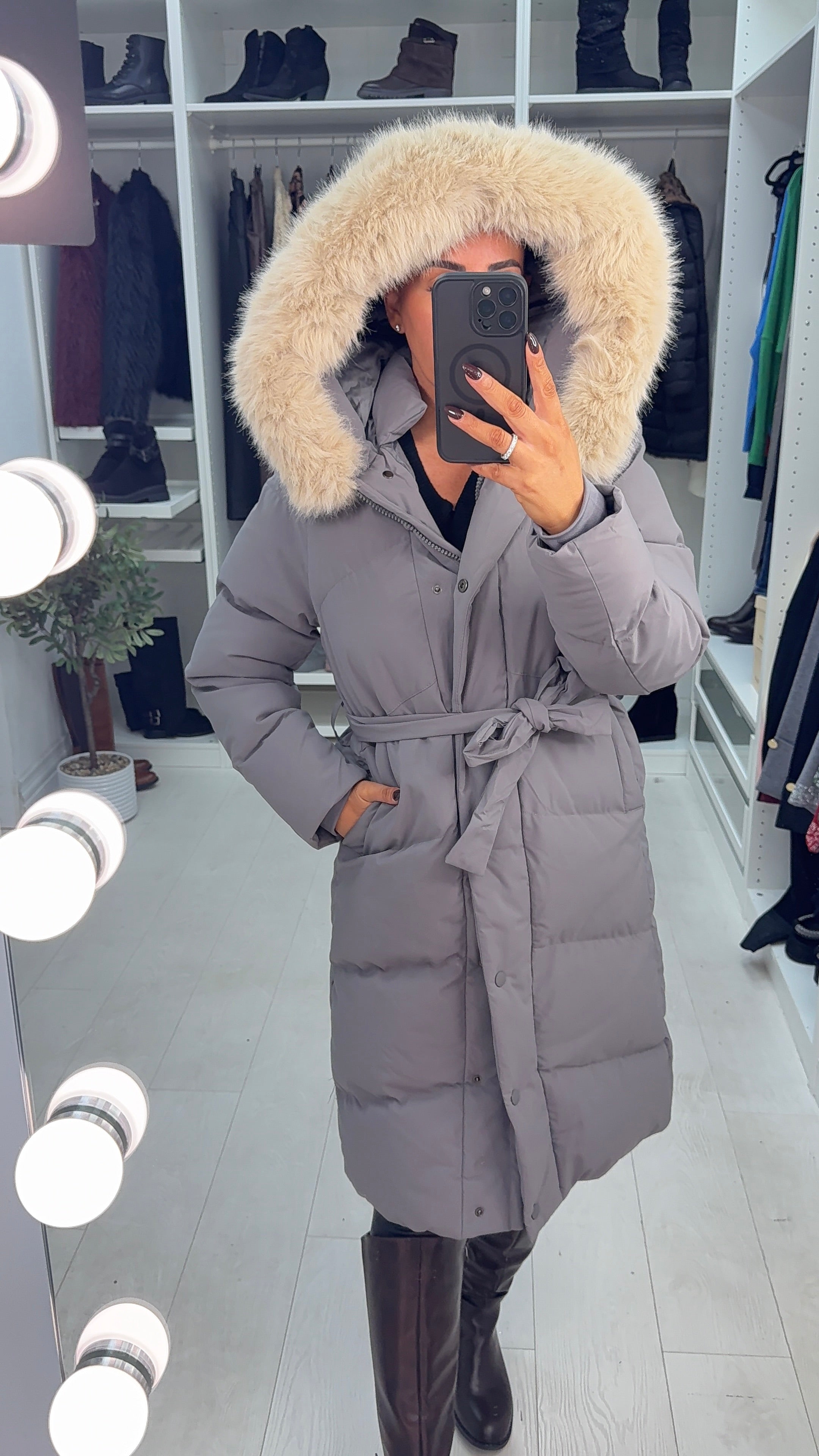 River Faux Fur Hooded Belted Longline Coat